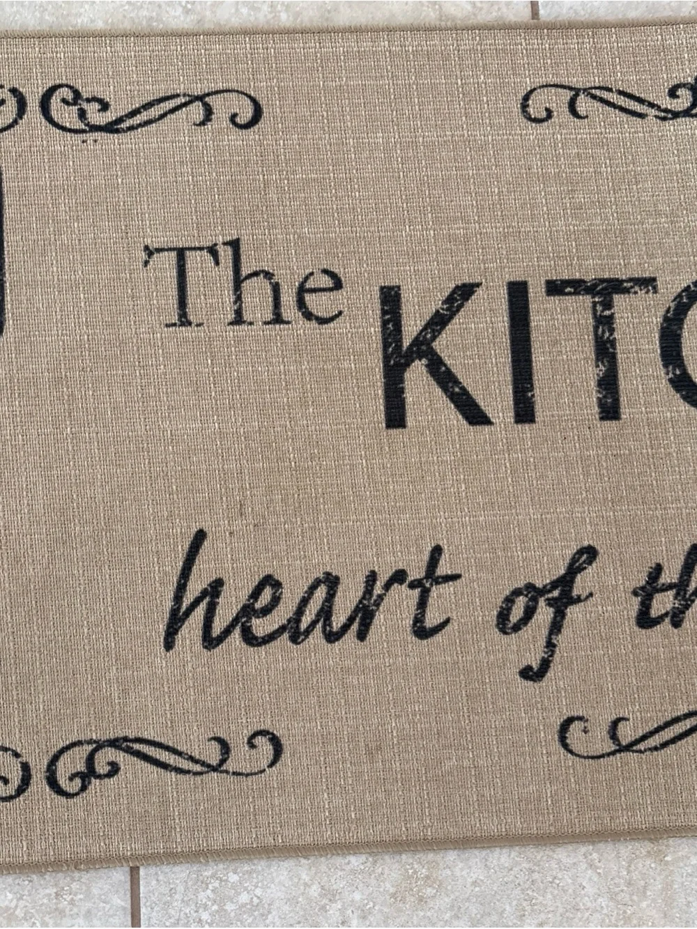 Kitchen Runner Mat - Natural Burlap with Black Text